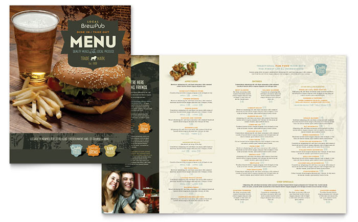 Pub menu template design for bar food and drink selections
