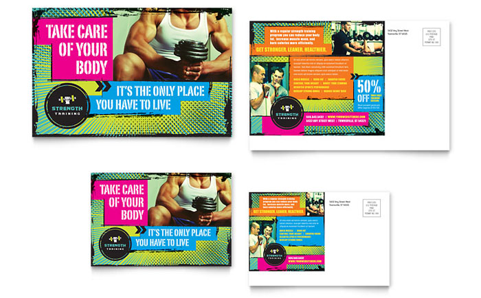 Strength Training Postcard Template Design - InDesign, Illustrator, Word, Publisher, Pages, QuarkXPress, CorelDraw